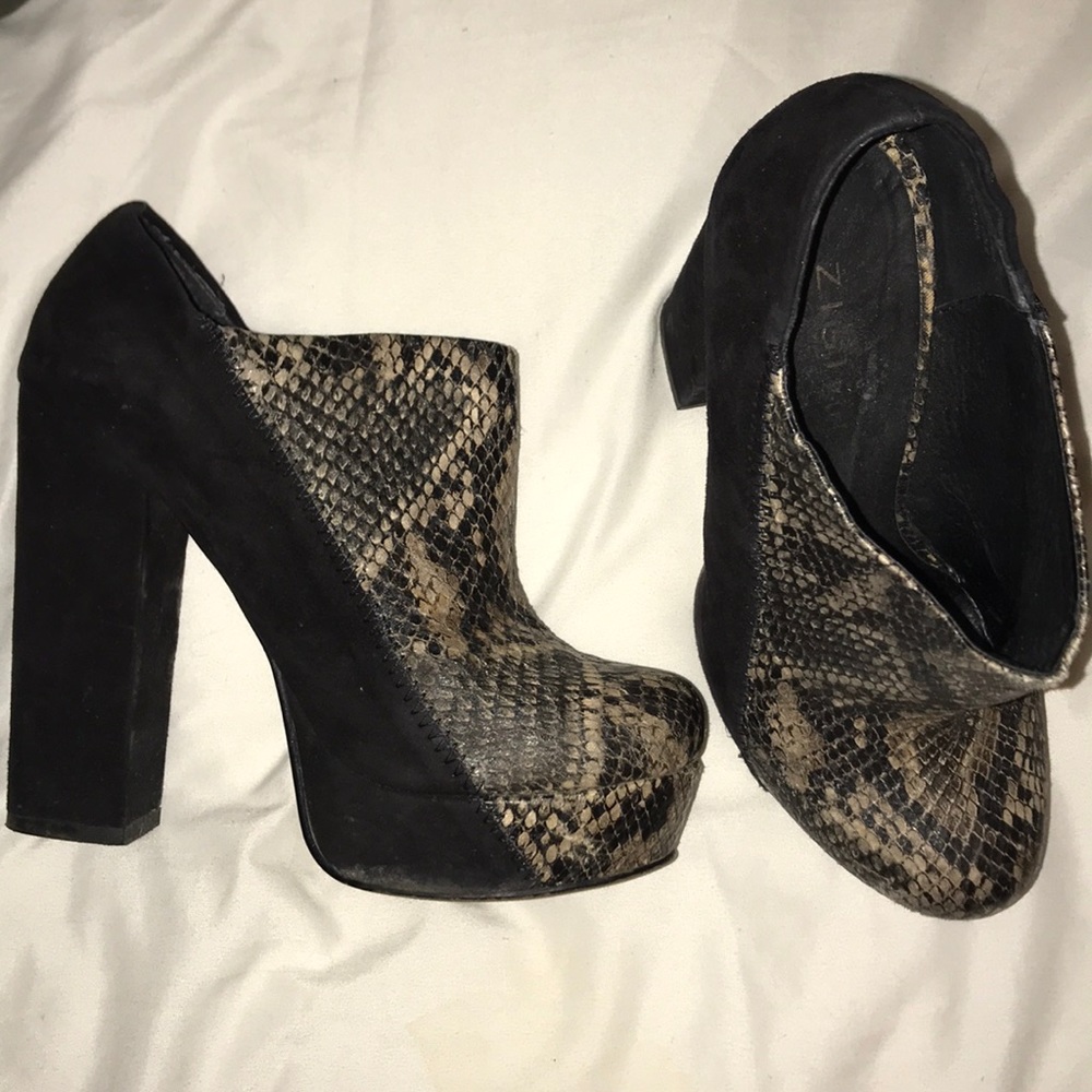 Snake print high heel booties